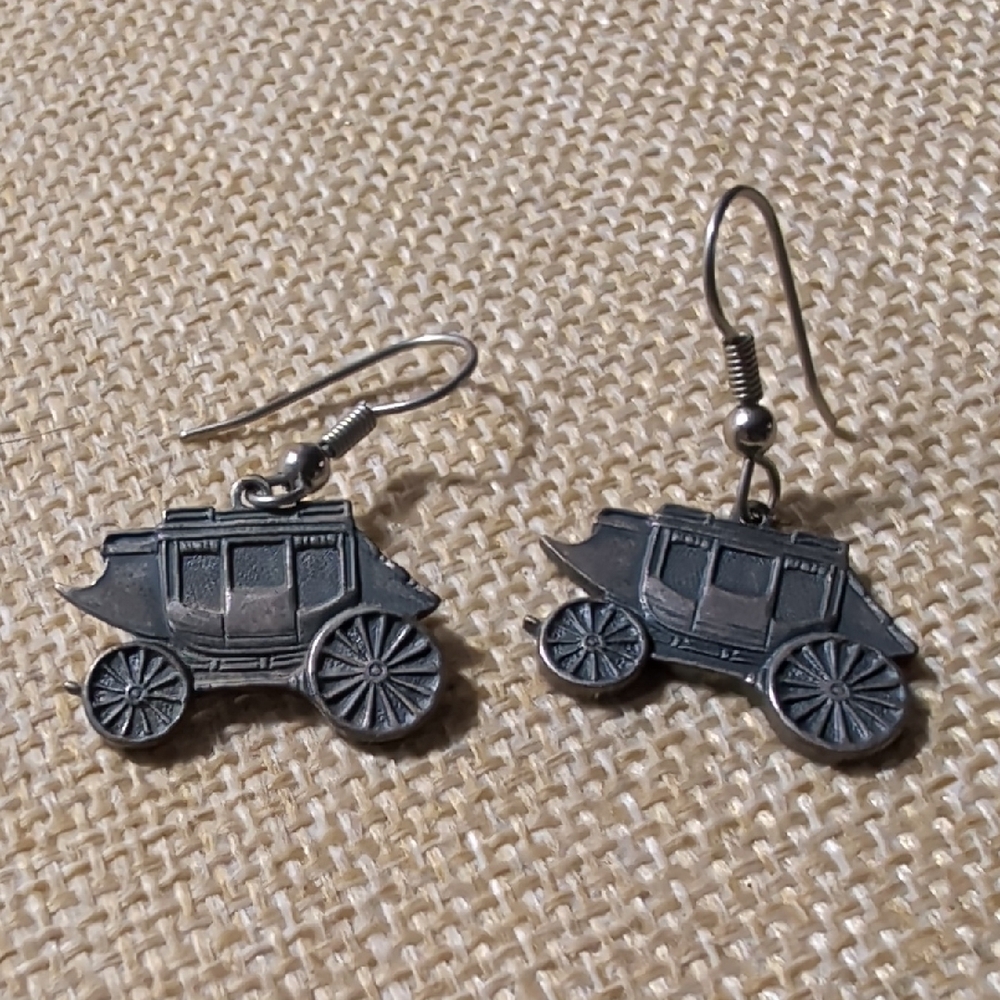 Vintage Stage Coach Wagon Pierced Dangle Earrings